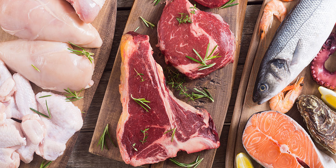 t-bone steak, chicken breast, chicken wings, salmon, shrimp, mussels, octopus